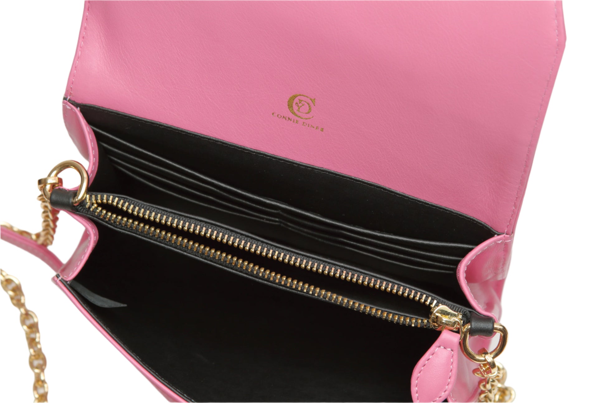 pink leather clutch bag with zipper