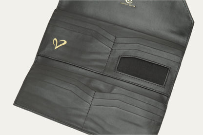 black leather trifold wallet women's